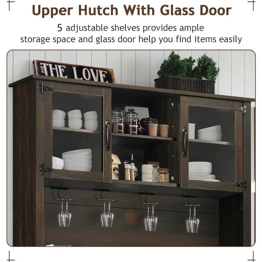 Mobile da bar con 4 ganci per tazze, wine bar da 72 pollici con gabbia e 2 ante scorrevoli da fienile, caffè alto