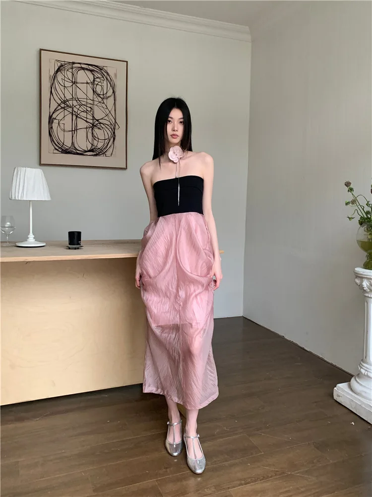 Elegant Splicing Patchwork Long Dresses Spring Women Sleeveless Chest Hugging Dress New Summer High Waist Slim Knee Length Dress