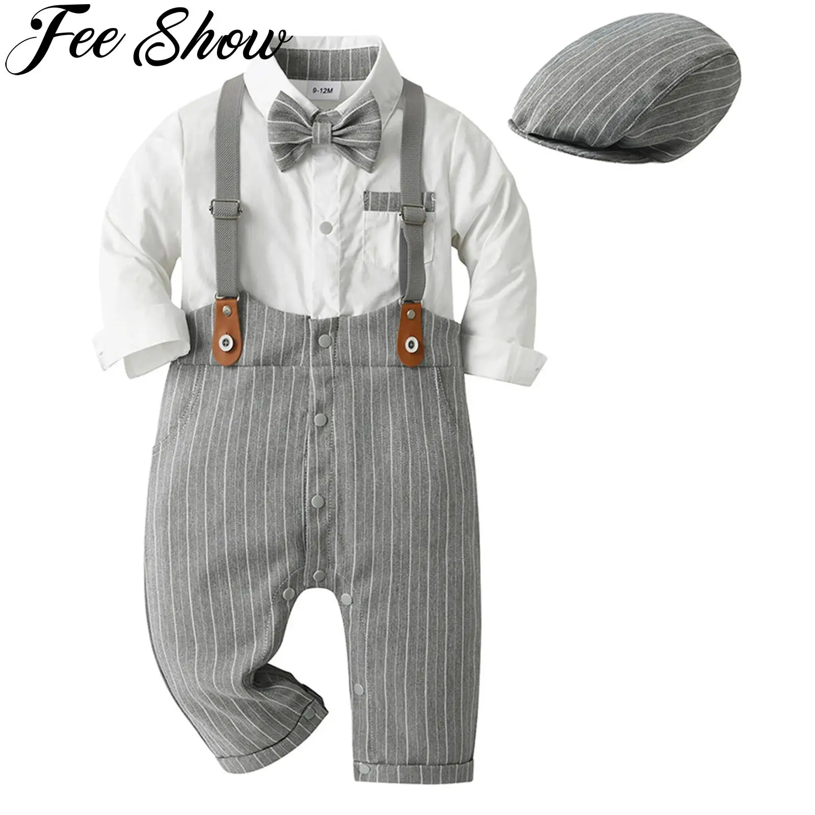 

Newborn Baby Boy Gentleman Outfit Long Sleeve Bodysuit with Casquette And Bow Tie Set Formal Birthday Wedding Party Clothes