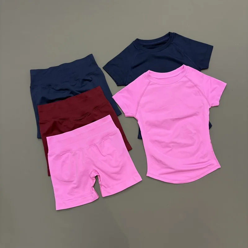 2Pcs Women Fitness Set Short Sleeve Low Ribbed Waist Shorts Ruched Butt Lifting Quick Dry Breathable Stretch Gym Workout Set