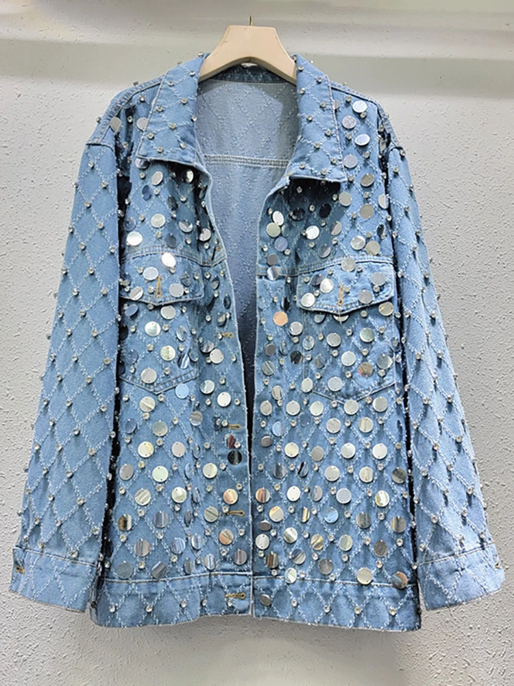 DEAT Fashion Women's Denim Coat Diamond Sequins Single Breasted Long Sleeve Do Old Blue Jackets 2024 Spring New Items 29L7377