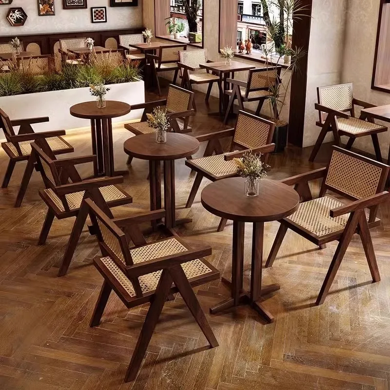 Antique Retro Solid Wood Commercial Table Chair Combination For Cafe Milk Tea Dessert Baking Shop Hotel