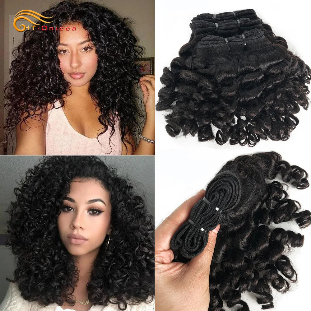 Htonicca Curly Hair Brazilian Weaving 1/3/4 PCS Human Hair Bouncy Curly Double Machine Weft Remy Natural Hair Extensions