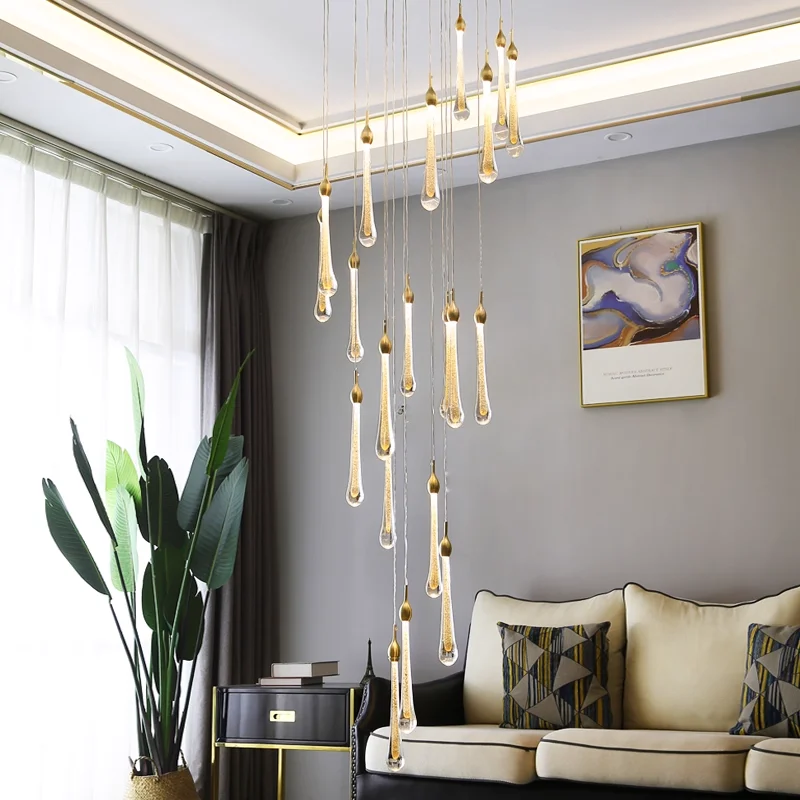 Modern Minimalist Gold Crystal Water Drop LED Suspension Pendant Lamp Chandelier Lighting for Staircase Kitchen Island Restauran