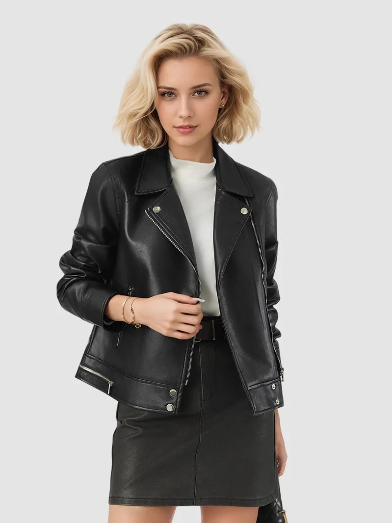 Ele Women's Motorcycle Sle Long Sve Leather Jaet ort Collarl PU Leather Coat Faionable Autumn New Arrival