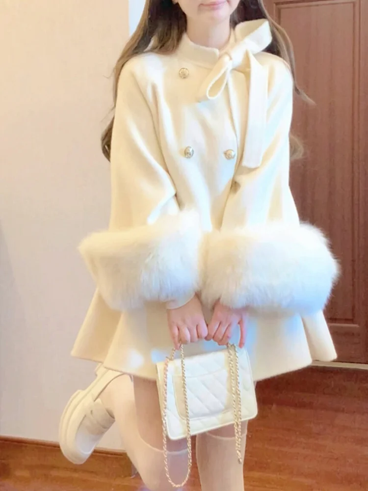 

Southern Potato Cashmere Coat Women's Winter Thickened Rich Girl White Cowl Neck Outerwear Elegant Vintage Long Sleeve Coat