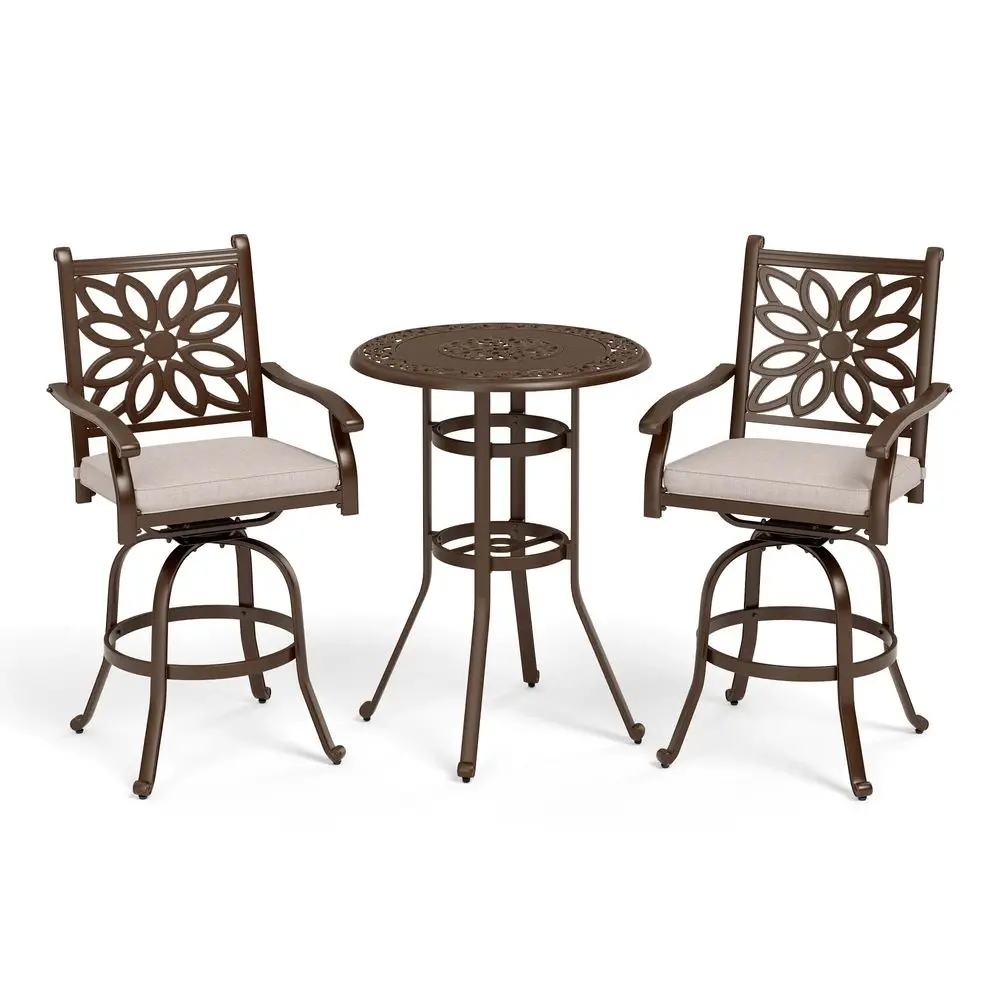 

amp William 3 Pieces Cast Aluminum Patio Bar Set, Round Outdoor Bar Table and 2 Swivel Bar Counter Height Chairs Set, Modern Pa