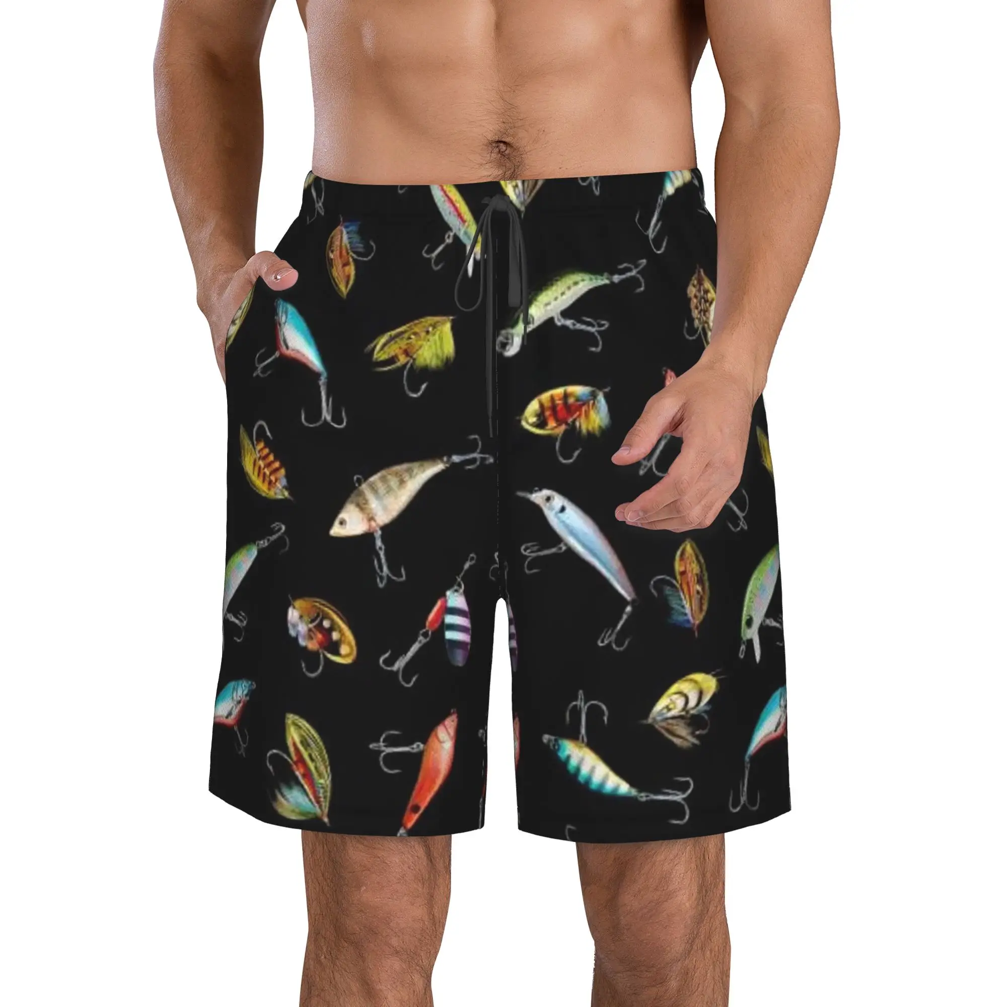 Colorful Fishing Lure & Fish Bait Pattern Trunks Beach Board Shorts Casual Quick Dry Swim Summer Men Pants