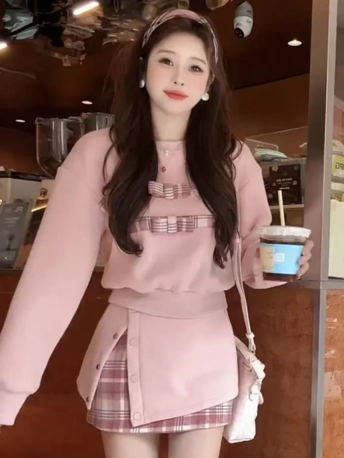 

Ele Pink Plaid Skirt Set Women's Faion Autumn Winter Two-Piece Long Sve Luxury Feel Adult Student Work orm