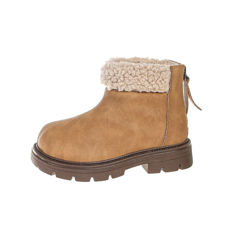 Girls' and Children's Leather Short Boots 2024 Winter New Style Girls' Soft Bottom Baby Anti slip Two Cotton Warm Snow Boots