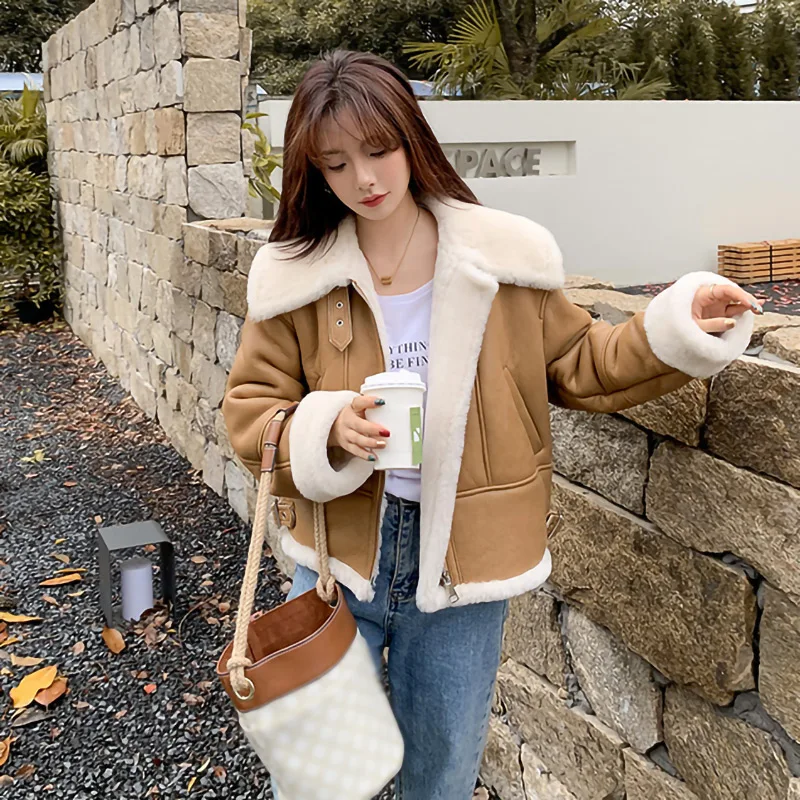 2023 Women's Cropped Real Shearling Coat Winter Double Face Lamb Fur Lining Thick Coat Fashion Real Sheepskin Leather Jacket MH3