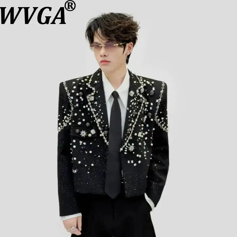 

WVGA Spring Autumn New Men Niche Style Starry Sky Heavy-duty Short Blazer Trendy Diamond Bead Embellishments Casual Coats W25246