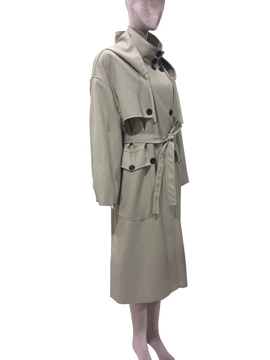 

Весенне-осеннее длинное ветрозащитное пальто большого размера светлого цвета хаки, женское двубортное пальто с поясом на капюшоне, свободное повседневное корейское модное пальто 2025