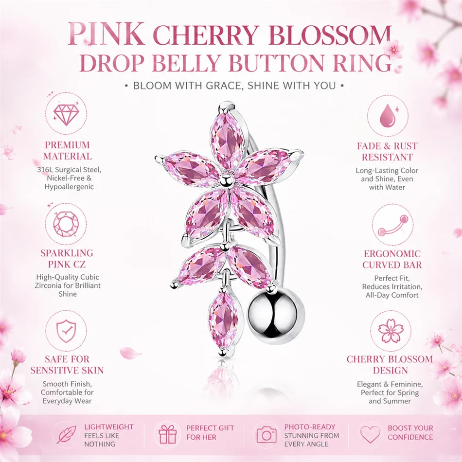 G23titan Pink Zircon Flower Belly Button Ring for Women 14G 6-16mm Titanium Curved Barbell Reverse Nave Bar Crystal Body Jewelry
