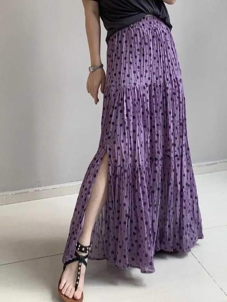 

French Fashion Spring Summer Purple Polka Dot Vacation Pleated Long Skirts Women Elegant High Waist Slim A-line Split Skirt Boho