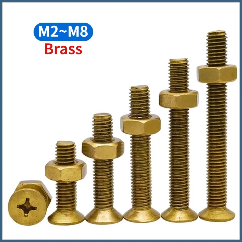 Phillips Countersunk Flat Head Machine Screws and Hexagon Full Nuts Set Brass M2 M2.5 M3 M4 M5 M6 M8