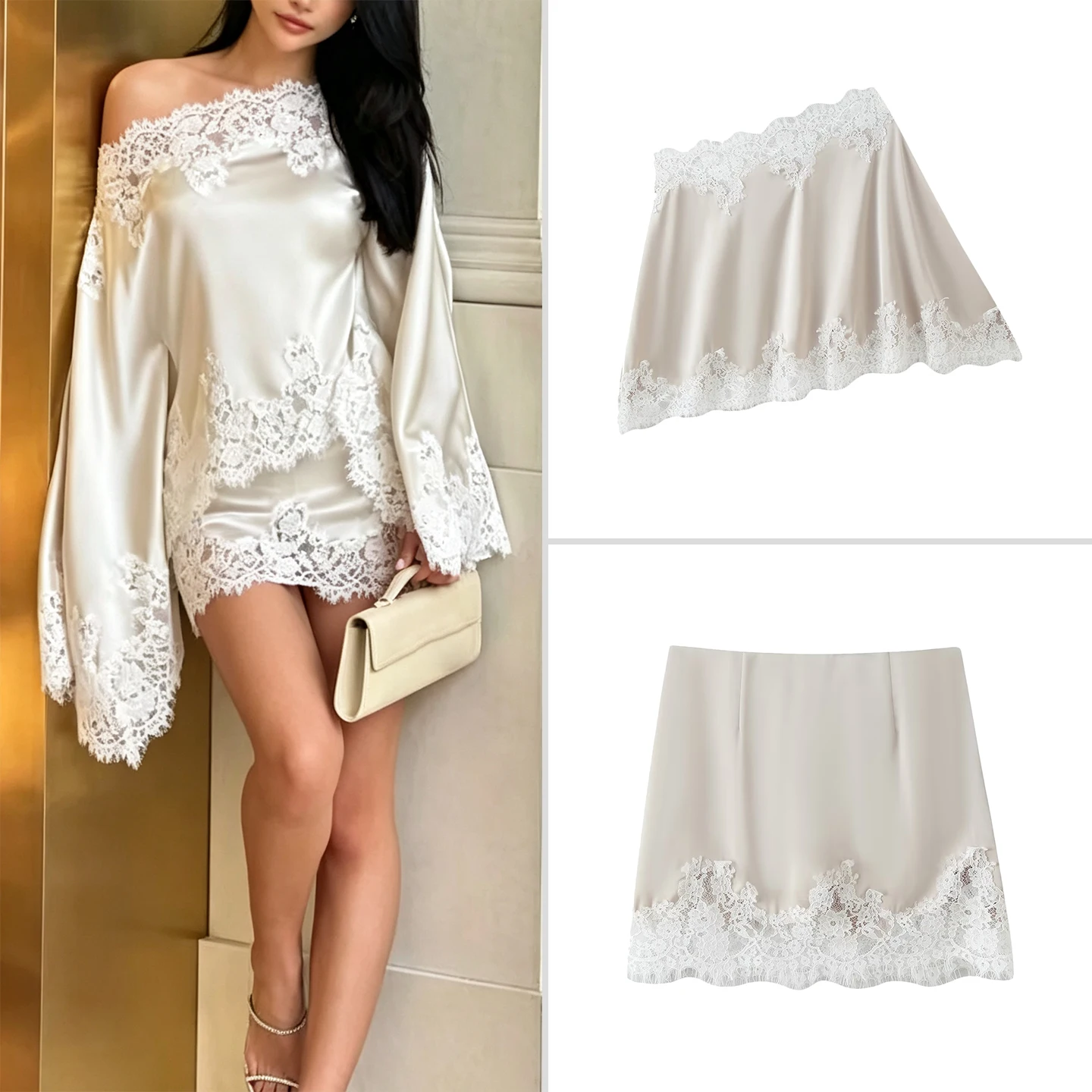 Sexy Lace Shoulder  Skirt Two-Piece Set Women's Fashion Autumn Wear Short Dress Casual Style Four Seasons Suitable