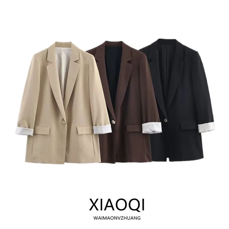 

New 2025 Autumn Women's Commuter Faion Print Cuff Suit Jaet Casual Loose Fit Long Sve Single Button Closure Coat