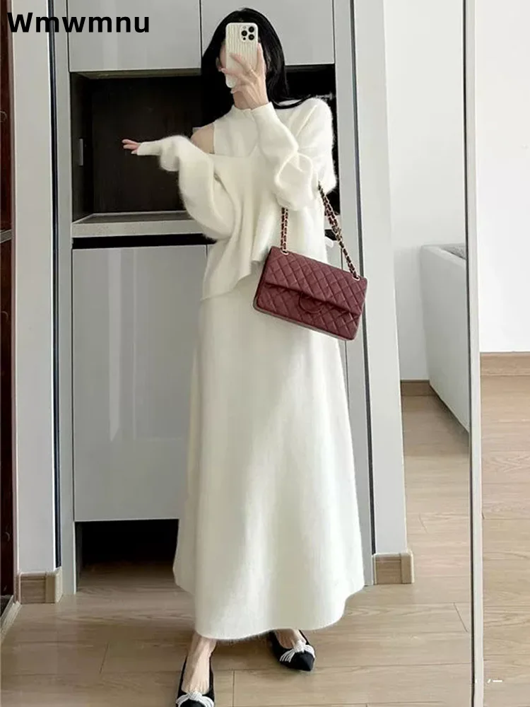 

Элегантное трикотажное платье до щиколотки Conjuntos, женский повседневный мешковатый комплект из двух предметов, модный свитер с v-образным вырезом, ансамбли