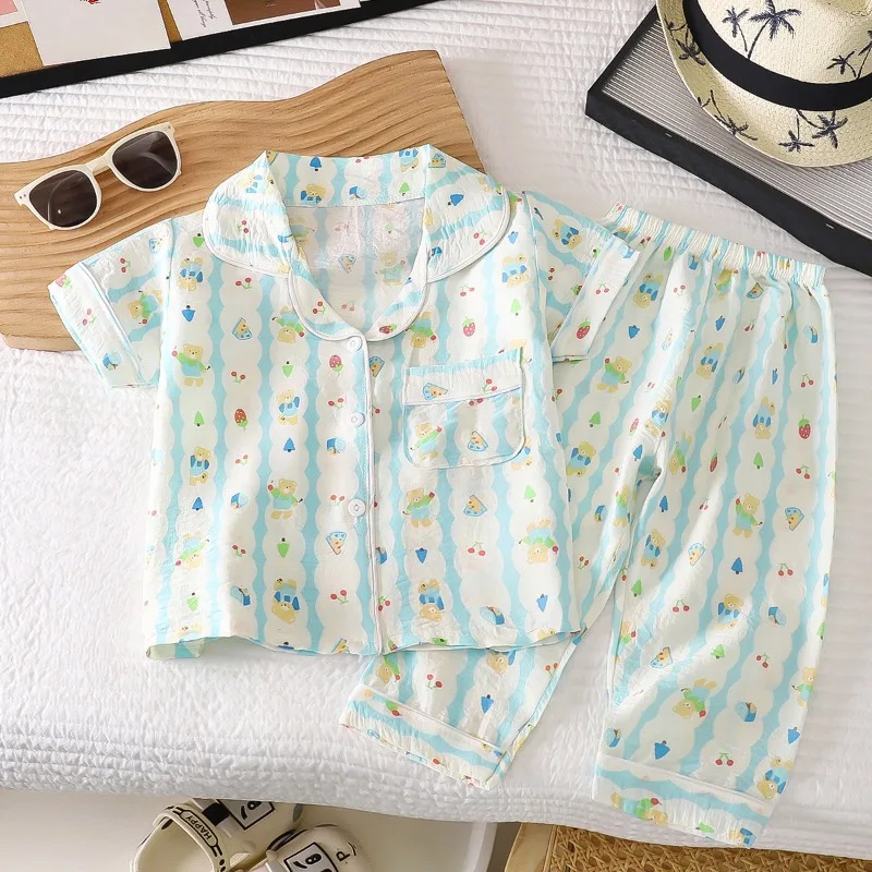 New Baby Homewear Children's Air-Conditioned Set Boys and Girls Pure Cotton Two-Piece Set Baby Moisture-Wicking Sweat-Absorbing