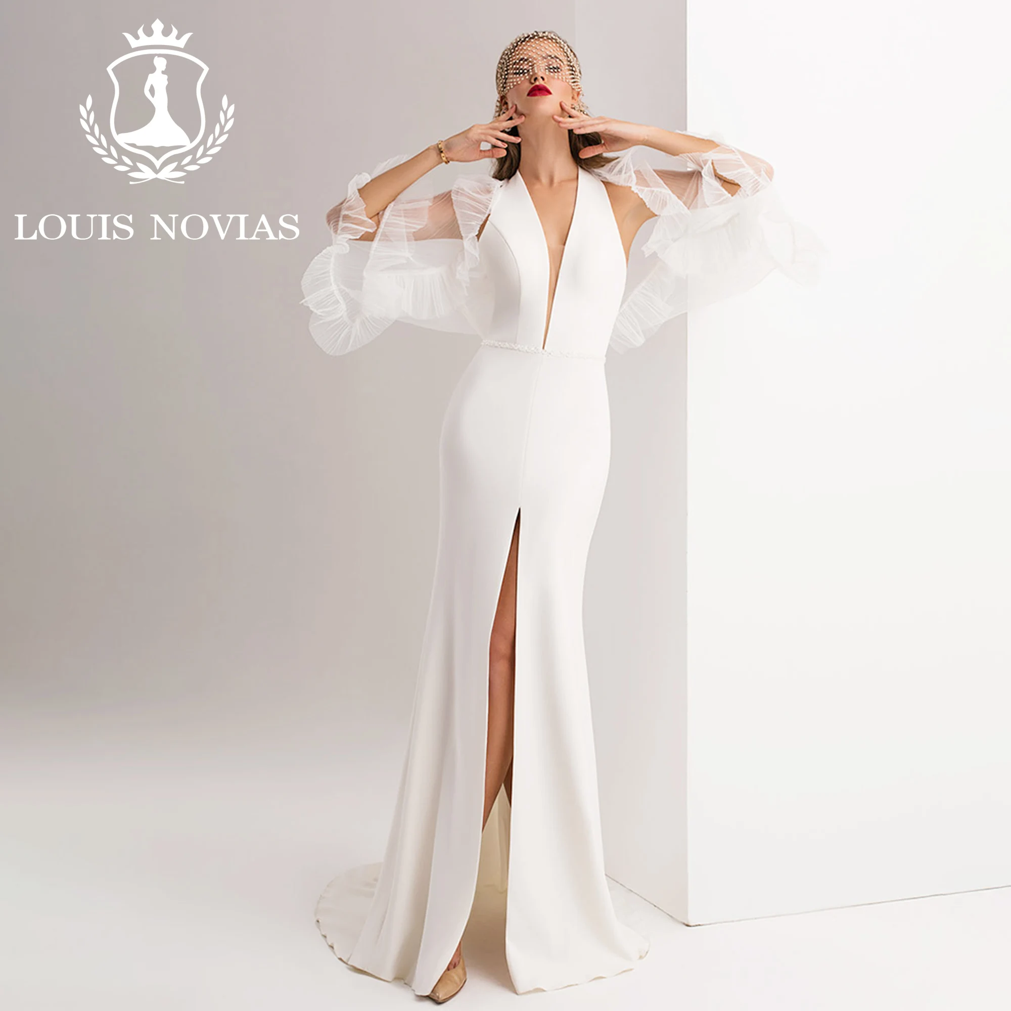 Louis novias ชุดแต่งงานนางเงือกพร้อมแจ็กเก็ตเซ็กซี่คอวีลึกถึงต้นขาแยกแปรงรถไฟทรัมเปตชุดเจ้าสาว Vestidos de Novia