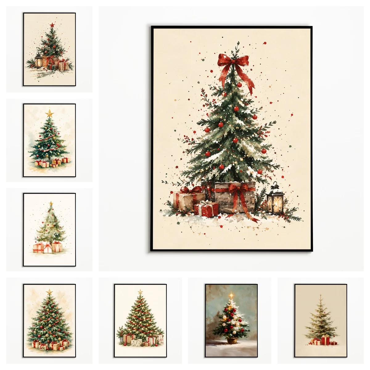 1PC,Watercolor Wall Art Christmas Tree with Gifts Posters Winter Canvas Painting Home Decor Room Wall Decor Gallery Wall Prints