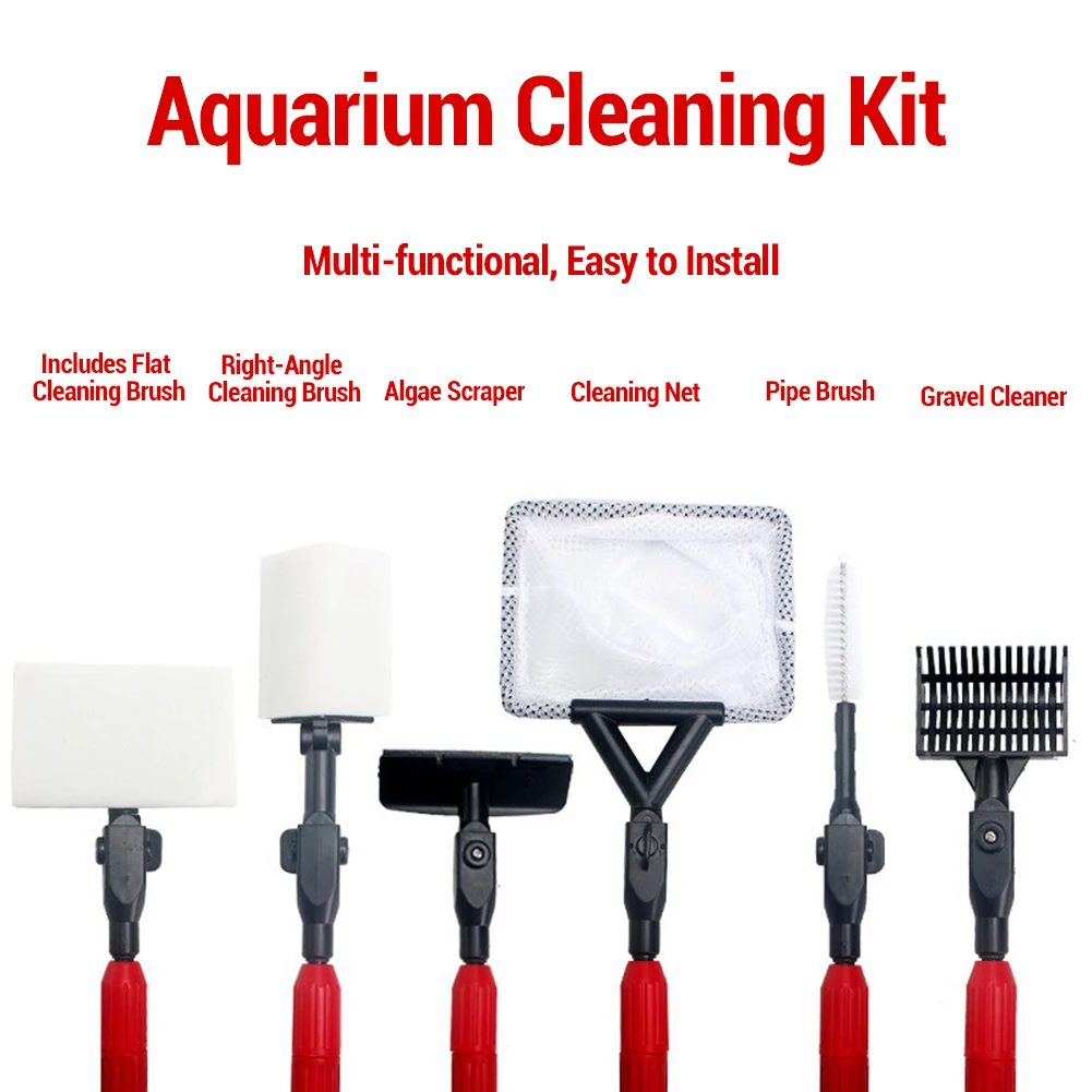 6 In 1 Aquarium Fish Tank Cleaning Tools Kit Length Adjustable Handle Cleaner Algae Scraper Scrubber Brushes Set Equipment