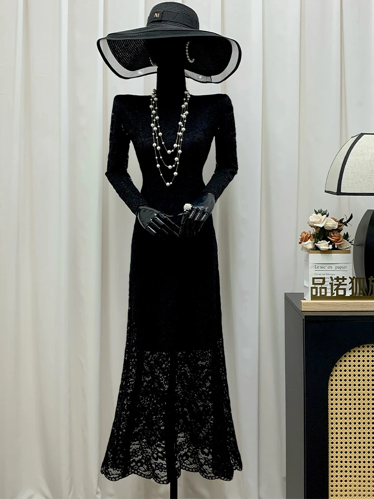 

Пляжное платье Pino Summer 2025 с длинными рукавами, защитой от солнца, эластичное, черное, плотное, с кружевной отделкой, ультрадлинное, элегантное