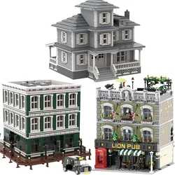 MOC Country House Architecture Building Blocks City Street View Bricks Set Bookstore Shop Lion Tavern Toy Gifts for Children