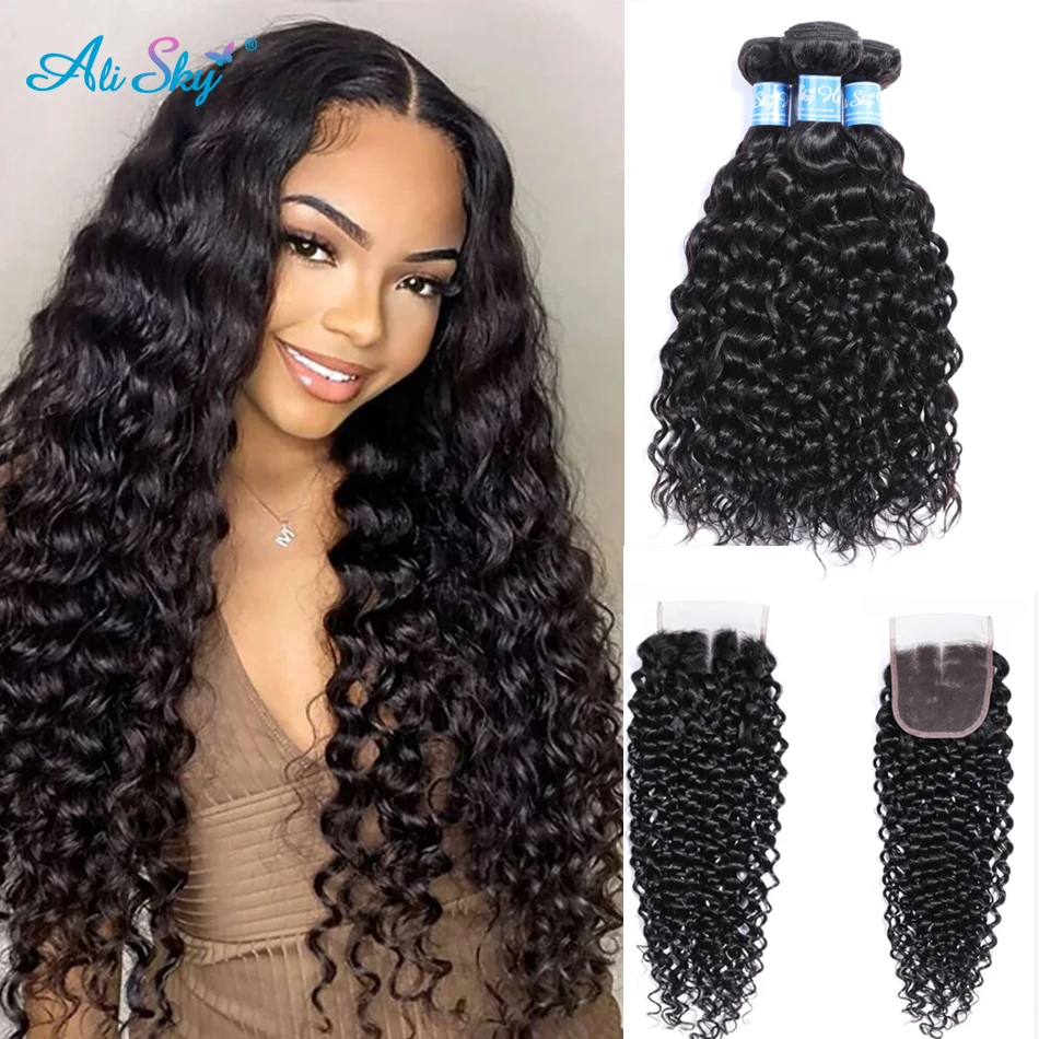 

Malaysian Human Hair 4Bundles With 4X4 Lace Closure Water Wave Hair 100% Human Hair Closure with Bundles Remy Hair Natural Blac