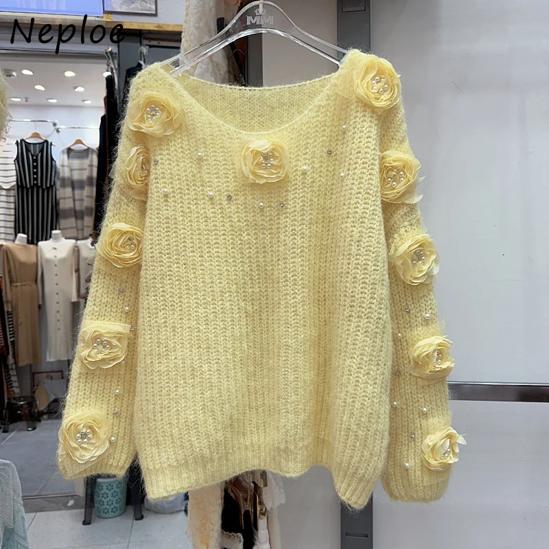 Neploe College Style Soft Sticky Candy Color Sweater Femme 2024 Autumn Winter French Three-Dimensional Flower Knitted Pullover