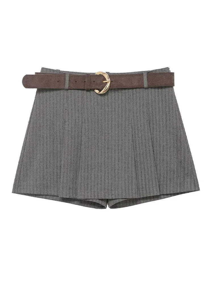HH Women's 2026 Spring Fashion Versatile Belt Pleated Pant Skirt Female High Street Temperament Casual Sexy Mid-Waist Culottes