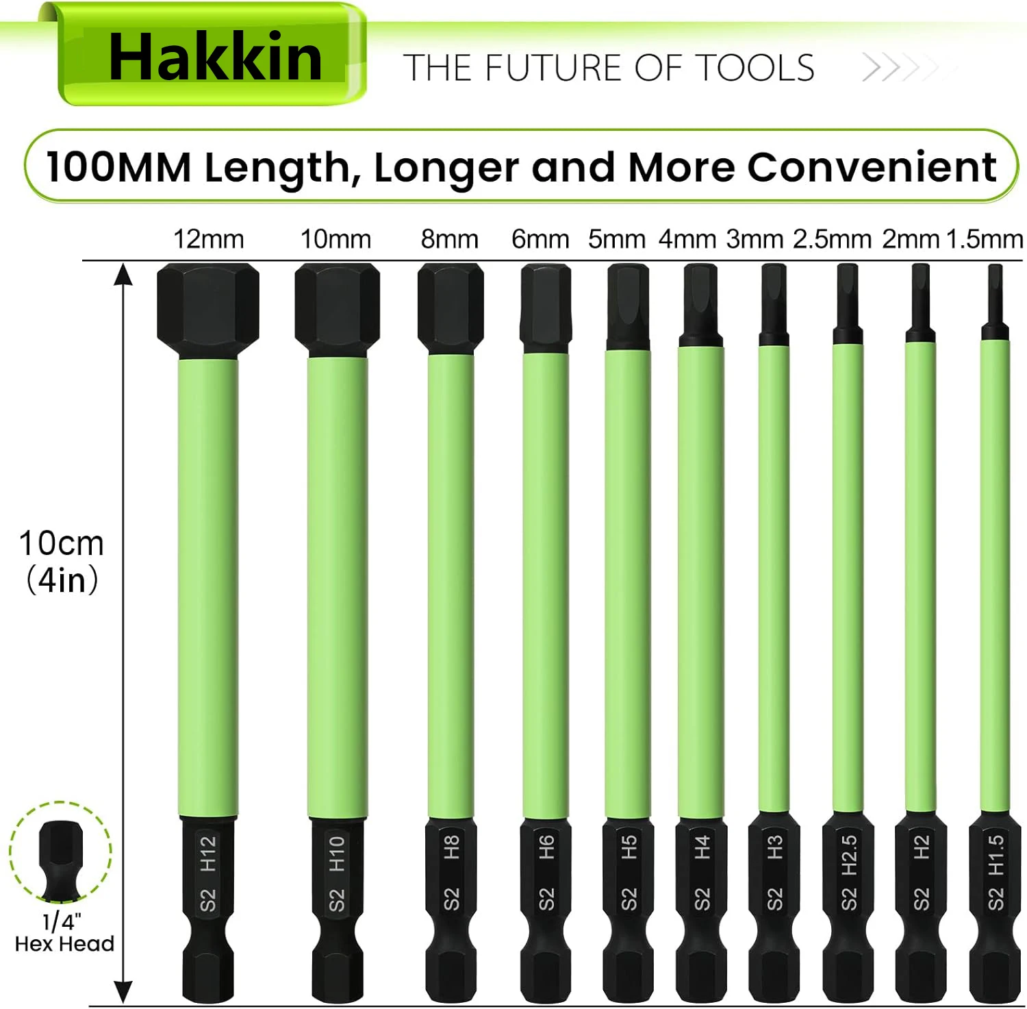 10 Stücke 100mm Sechskant-inbusschlüssel Bohrer S2 Stahl Metrisches Sechskant-bit-set Magnetische Inbusschraubendreher-bits H1,5-H12