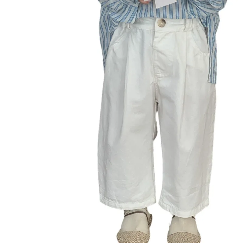 2026 Spring Girls Pants Autumn Children's Cotton Washed Straight Leg Pants for Boys Girls with Simple Button and Folded Pants 5