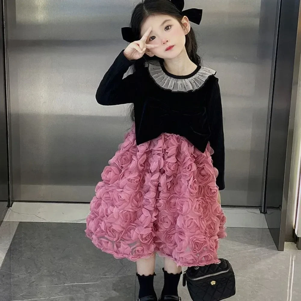 Spring and Autumn Fashion Party Girl Round Neck Long Sleeved Butterfly Knot Splicing 3D Rose Dress Kids Clothes 3-7 Year Old