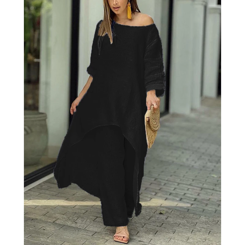 Fashion Cotton and Linen Loose Long Blouse Dress Elegant Women Casual Pants Irregular 2 Two Piece Set Suit O Neck Ladies Outfits