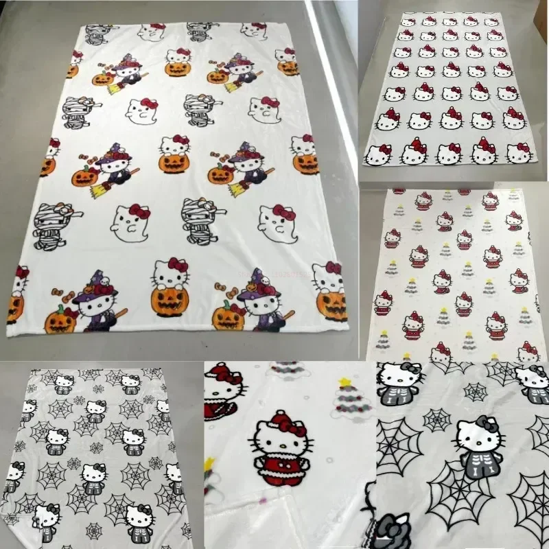 Christmas Winter Hello Kitty Plush Kawaii Large Flannel Blanket Warm Cute Cotton Sofa Nap Blankets Bed Sheet Pumpkin Xmas Gift