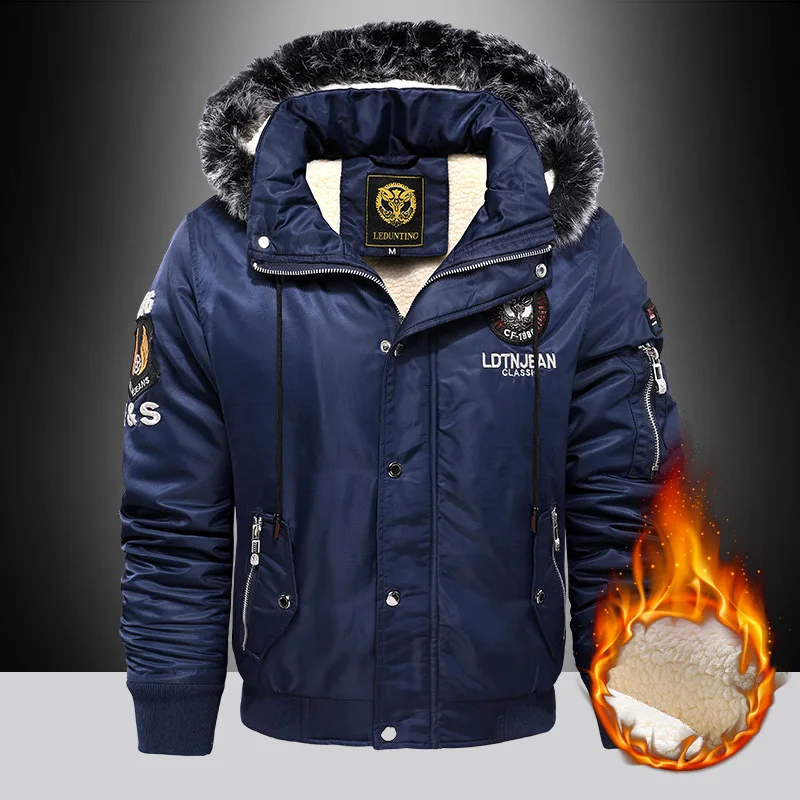 Forro de felpa gruesa Moda Tallas grandes Sombrero desmontable Invierno Cálido Parka Hombres Negro Azul Rojo Chaqueta de algodón Chaqueta con capucha Chaqueta con capucha Hombres Militar Fleece Combat Rompevientos