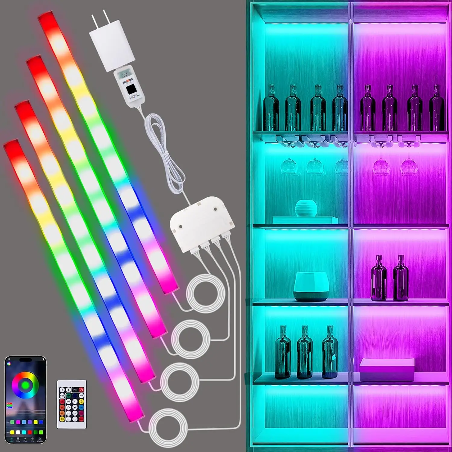 

Светодиодные RGB-светильники для полок, 4 штуки, 12 дюймов, с подсветкой, управлением через приложение и пультом ДУ, для шкафов, полок, столов