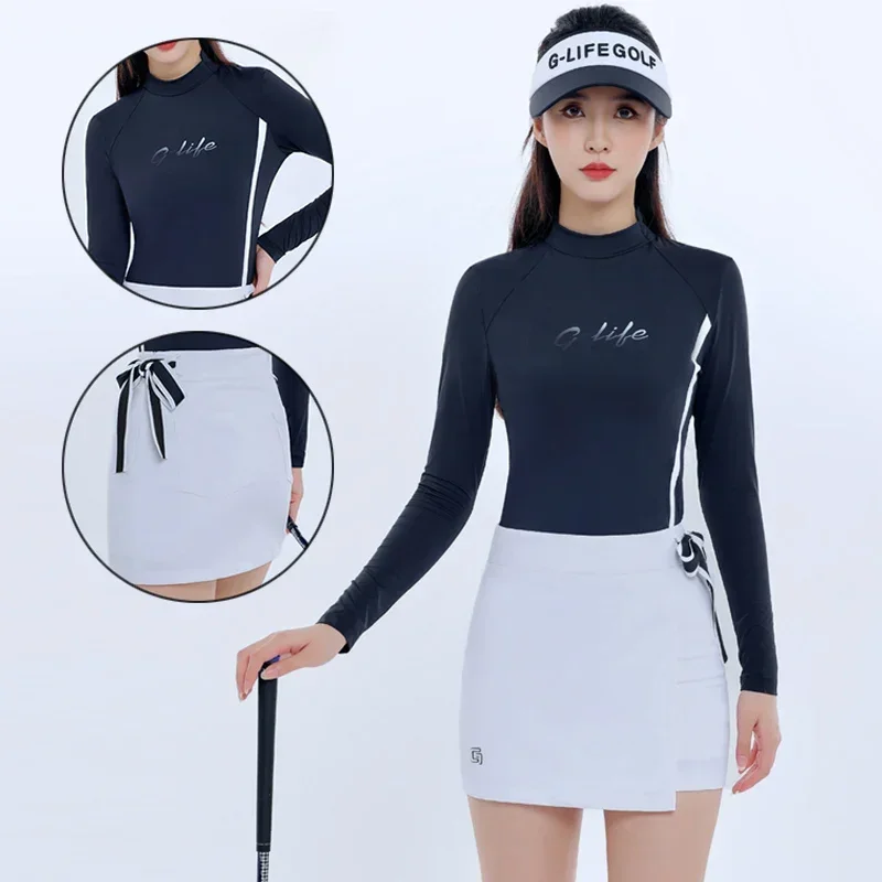 G-life Women O-neck Golf T-shirt Full Sleeve Sport Shirt Ladies Slim Pencil Skirt Bowknot Anti-Exposure Sport Culottes Golf Sets