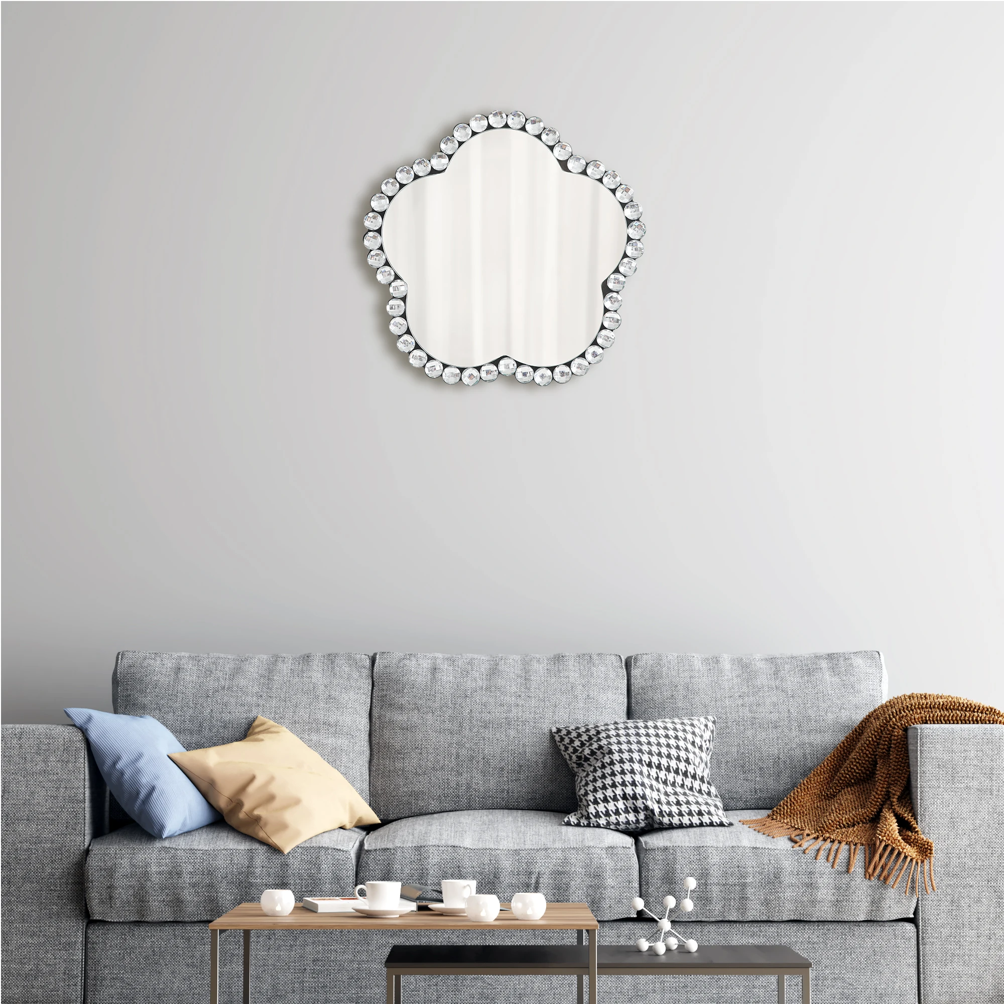 

Wall Mounted Makeup Mirror 30cm X 30cm Irregular Design with Wooden Frame Window Decorative Bathroom Vanity Mirror