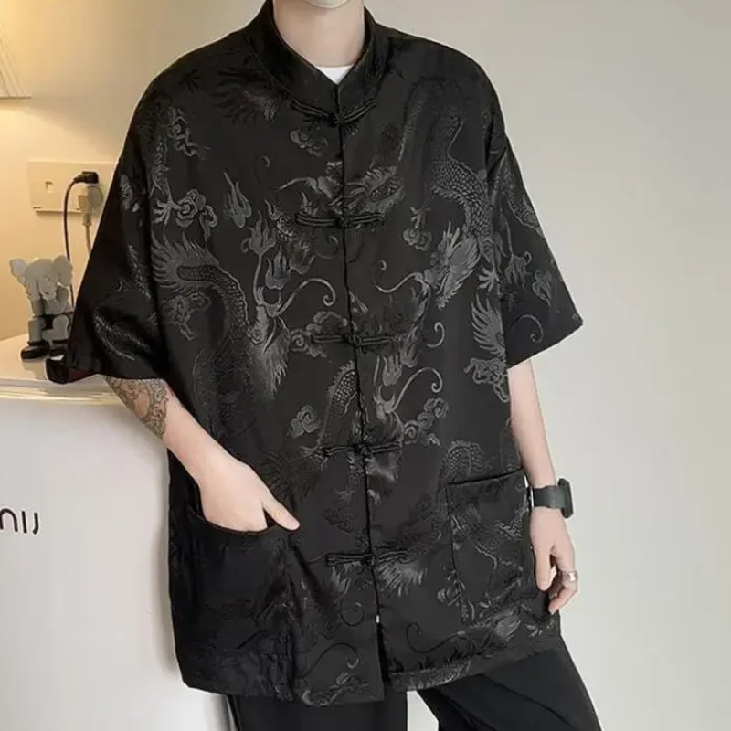

Jacquard Dragon Qiapo Top Short Sleeve Hanfu Jacket Man Summer New Hanfu Shirt Ice Silk Tang Clothes Big Size Costume Coat