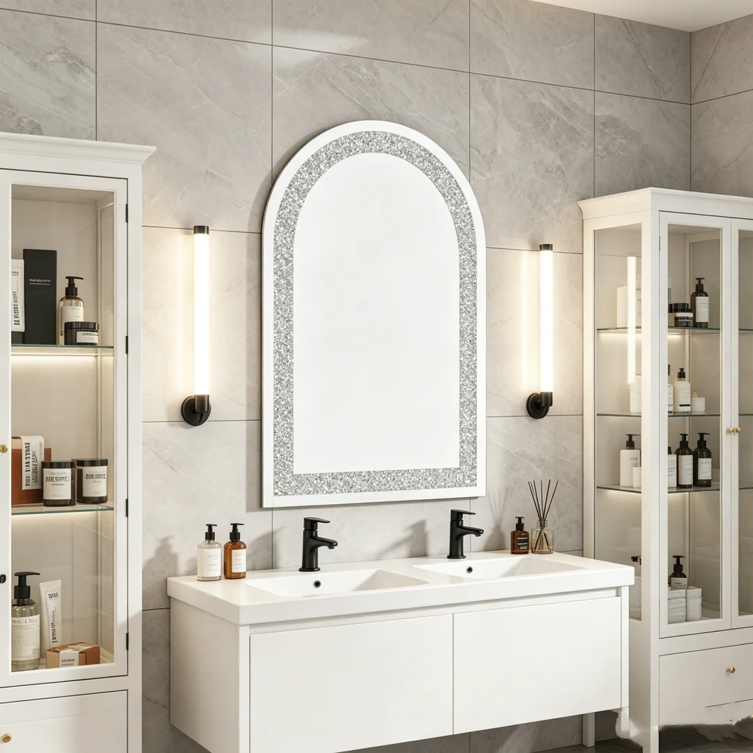 

Arched-Frame Wall Mirror with Crystal Crushed Diamond Living Room Home Decor Accent Mirror for Bedroom Decor