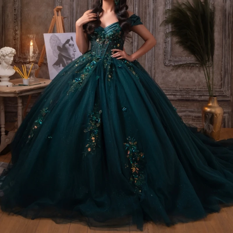 

Dark Green Shiny Quinceanera Dresses Off The Shoulder Applique Lace Beading Crystal Tull Corset Party Birthday Sweet 16 Dress