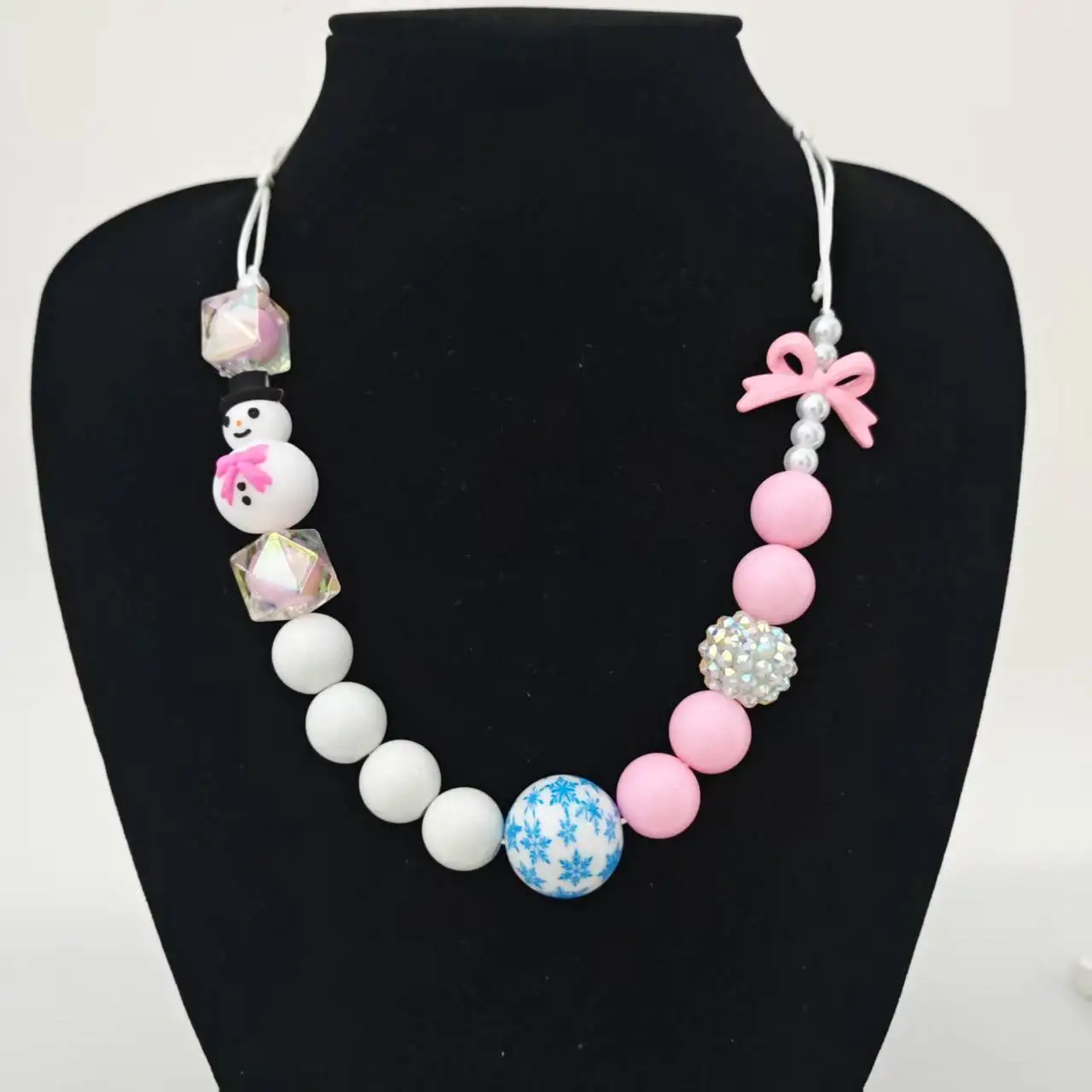 3D süße Schneemann Perlen mit rosa Schleife Halskette Baby Mädchen neue Mode lustige Weihnachten handgemachte Halskette