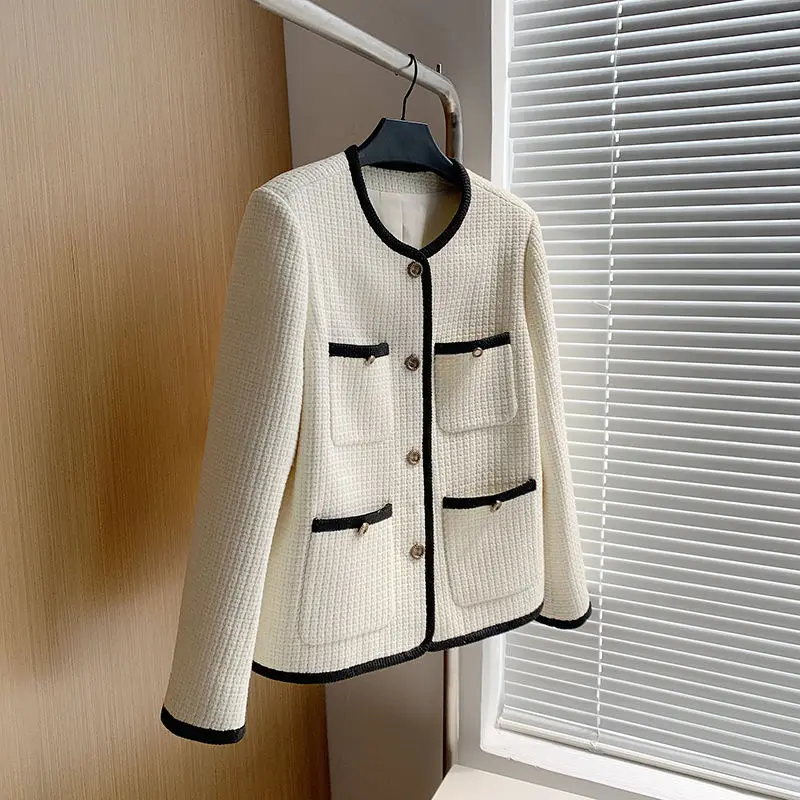 Plus Size New Chic Style Jacket for Women, Korean Round Neck Color-Block Tweed Loose Fashionable Versatile Coat High Quality