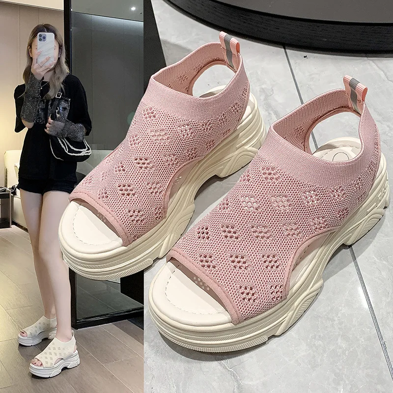 Setelan sandal wanita olahraga Wedge sandal wanita putih menambah tinggi Musim Panas 2024 sepatu hak tebal Semua cocok dengan Platform ujung terbuka B