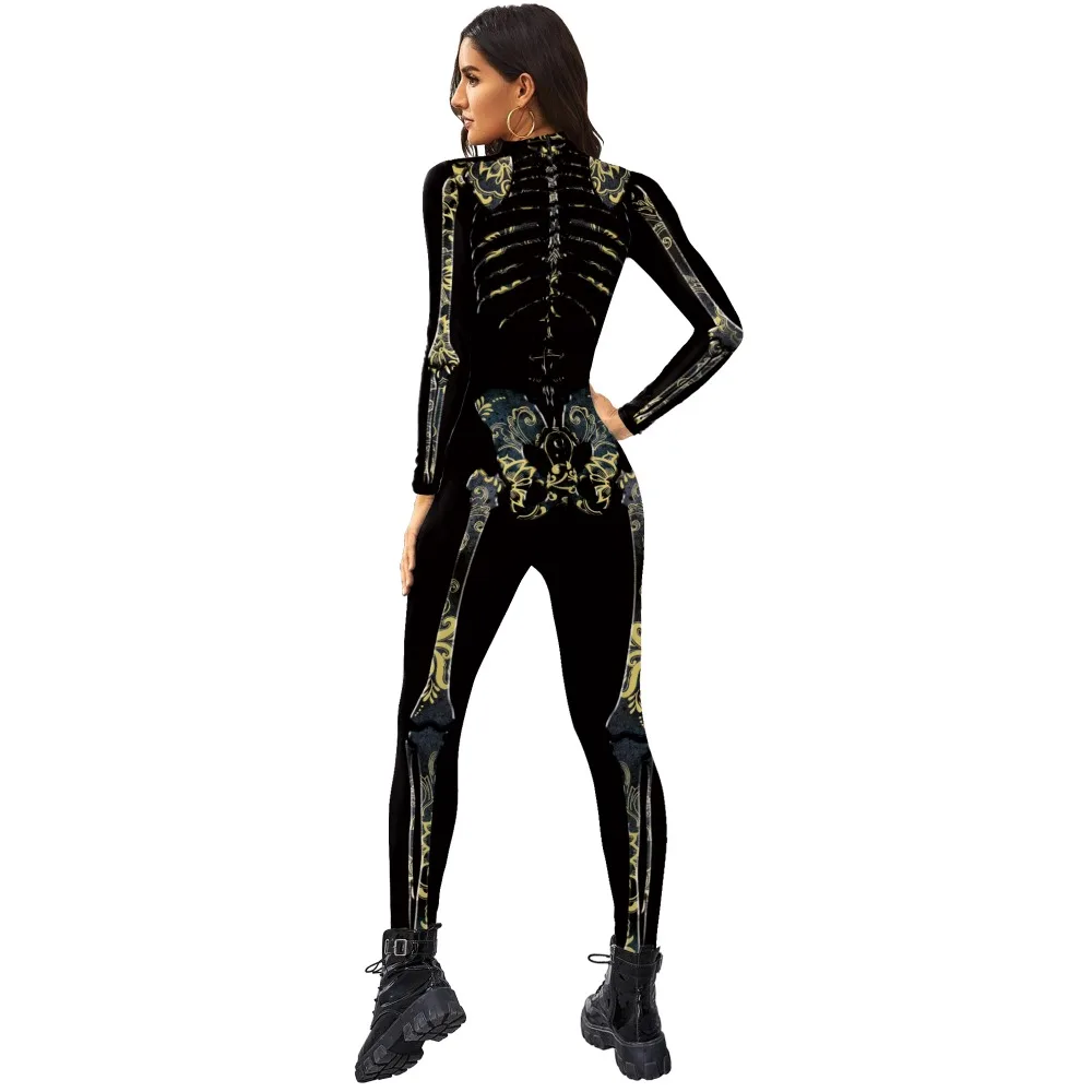 New Women Skeleton Performance Matching Outfit Long Sleeve Stage Slim Halloween Carnival Party Coverall Role Play Costume