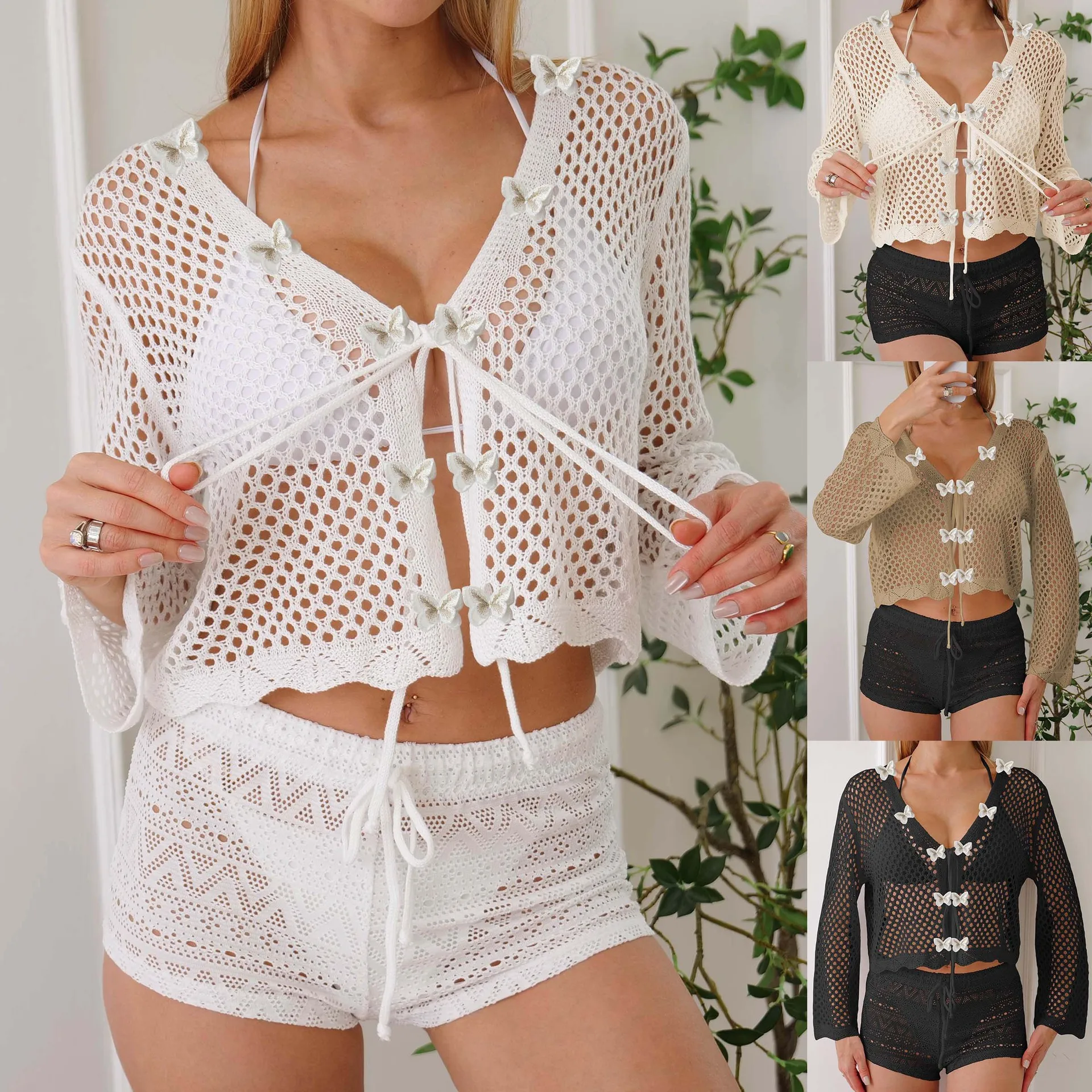 

Женский кардиган с длинными рукавами, полые кружевные бабочки, стерео швы, пляжная солнцезащитная повседневная блузка, куртка для женщин