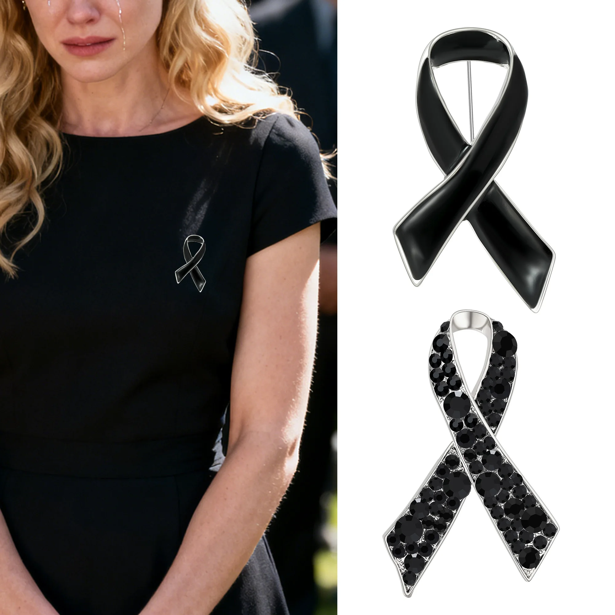 Beaut&Berry Trendy Rhinestone Enamel Ribbon Brooches for Women Unisex Bow Tie Pins Funeral Wear Jewellery Accessories